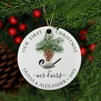 First Christmas As Mr & Mrs Chickadee on Pinecone Ceramic Ornament