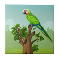 Cute AI Generated Amazon Parrot on Tree Branch Ceramic Tile