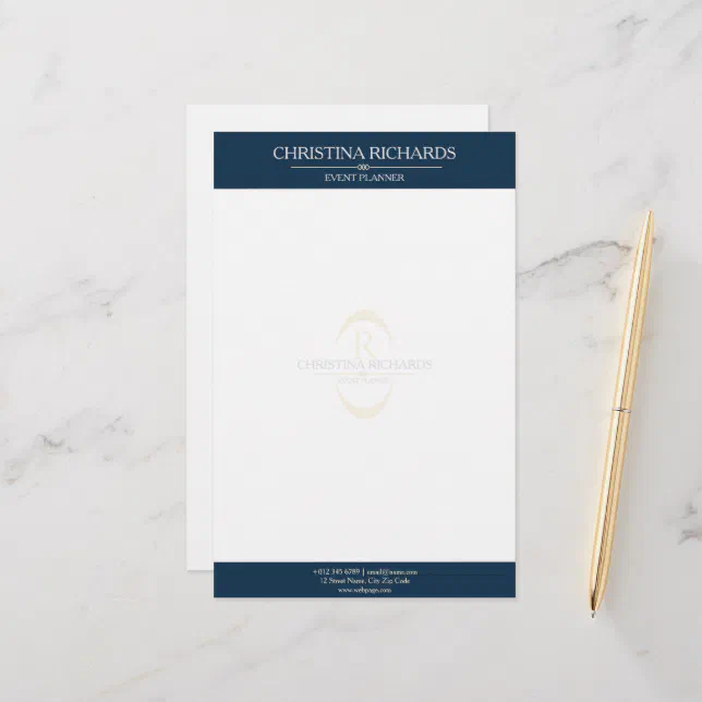 Monogram Navy Blue Modern Elegant Business Stationery