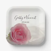Pink Rose on White Wedding Paper Plates