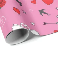 Retro Valentines Day Pattern on Pink Wrapping Paper