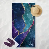 Agate Blue Purple Aqua Gold Veins Monogram Beach Towel