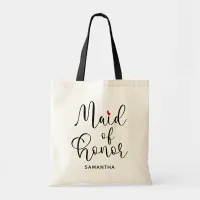 Black Modern Calligraphy Red Heart Maid of Honor Tote Bag