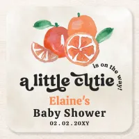 A Little Cutie Is On The Way Orange Baby Shower  Square Paper Coaster