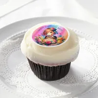 Pretty Rainbow Anime Girl Personalized Birthday  Edible Frosting Rounds