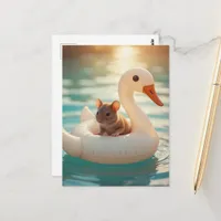 Adorable Mouse Floating on a Swan Float Postcard