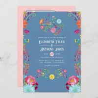Dusty Blue & Blush Floral Mexican Fiesta Wedding Invitation