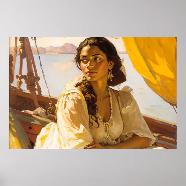 Woman Aboard Sailing Ship on a Sunny Day Poster