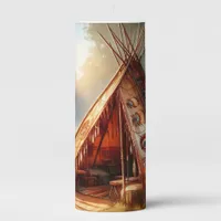 Tranquil native Indian teepee by a serene river Pillar Candle