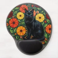 Black Cat and Colorful Folk Art Flowers Gel Mouse Pad
