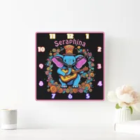 Elephant plays guitar in a flower field square wall clock