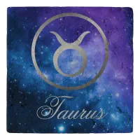 Grey Zodiac Taurus & sign on blue galaxy | Trivet