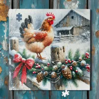 Watercolor Rooster on a Fence Post Christmas Jigsaw Puzzle