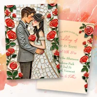 Pretty Coral Roses Mosaic Mr and Mrs Wedding Invitation