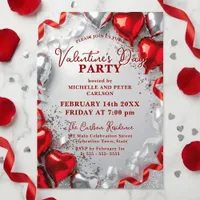 Red Silver Heart Balloons Valentine's Day Party Invitation