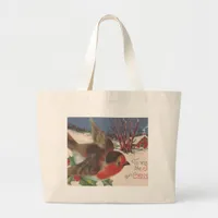 Vintage Christmas Winter Bird Large Tote Bag