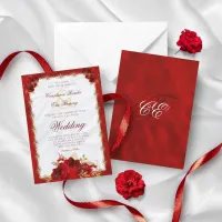 Red Gold Elegant Monogram Roses Formal Wedding Invitation