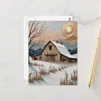 Unique Winter Barn in Mountains Painting  Postcard