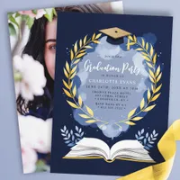 Gold Laurel Navy Blue Graduation Party Photo Invitation