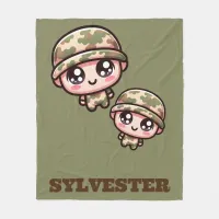 Cute Kawaii Army Camouflage Monogram on Green | Fleece Blanket