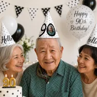 Hello 90 Black & White Dots Photo & Name Birthday Party Hat