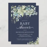 Navy Blue Botanical Eucalyptus Baby Shower Invitation
