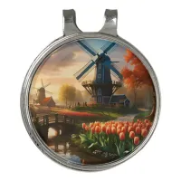 Windmill in Dutch Countryside by River with Tulips Golf Hat Clip