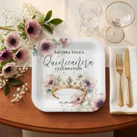 Watercolor Pink Anemones Gold Tiara Quinceañera Paper Plates