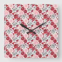 Doodle Art Style Red Pink Roses Hearts Valentine's Square Wall Clock