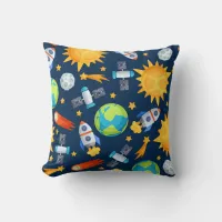 Cute Boys Space Rockets Planets and Stars Throw Pillow