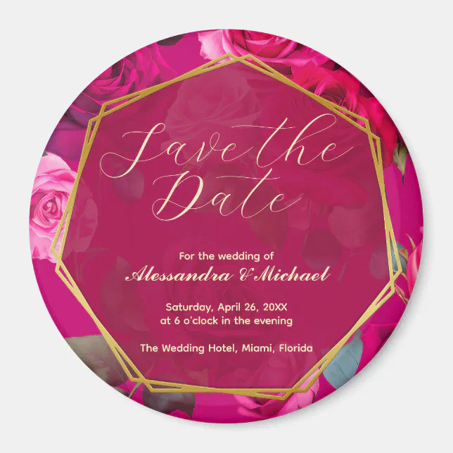 Pink Roses on Viva Magenta | Wedding Save The Date Magnet