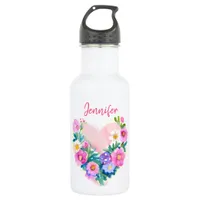 Personalized Floral Wreath Watercolor Pink Stainless Steel Water Bottle