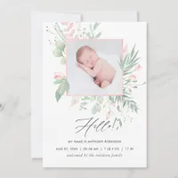 Pastel Blush Greenery Birth Announcement Card