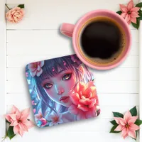 Beautiful Anime Girl Glitchcore Floral Beverage Coaster