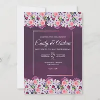 Plum Pink Rose Modern Floral Watercolor Wedding Invitation