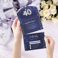 40th Birthday navy blue silver stars rsvp All In One Invitation