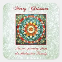 Green Glitter Effect Stained Glass Floral Mandala Square Sticker