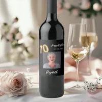 70th Birthday black gold photo Wine Label