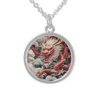 Fire breathing dragon red and white scale sterling silver necklace