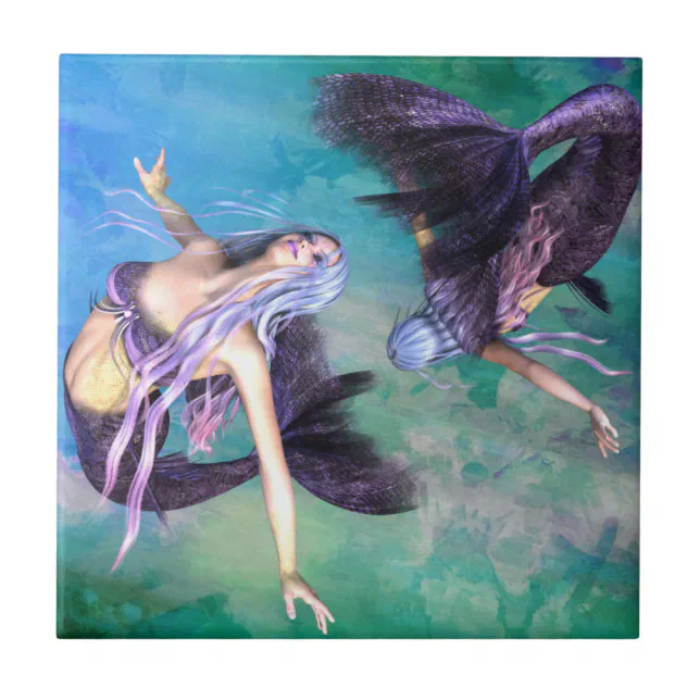 Pisces – Two Mermaids Swimming in a Loop Ceramic Tile