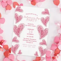 Cute Hand-Drawn Pink Hearts Valentine's Day Party Invitation