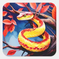 Cobra with vibrant red and yellow scales in tree square sticker