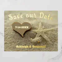 Heart Starfish Beach Wedding Save the Date Foil Holiday Postcard