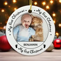 Simple Cute Baby Photo My First Christmas Ceramic Ornament
