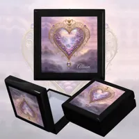 Victorian golden heart with lilac flowers, vintage gift box