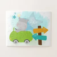 Cute Hippo Driving Green Car Childrens Jigsaw Puzzle