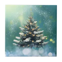 Beautiful Christmas Tree with Snow and Gold Lights Ceramic Tile