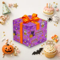 Spooky Purple Cute Bat Cat Birthday Wrapping Paper