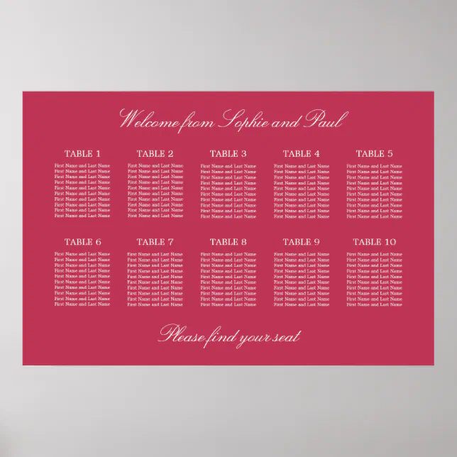 Carmine Magenta 10 Table Seating Chart Poster