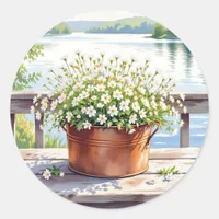 Flowers in Copper pot on Lakehouse Deck Classic Round Sticker